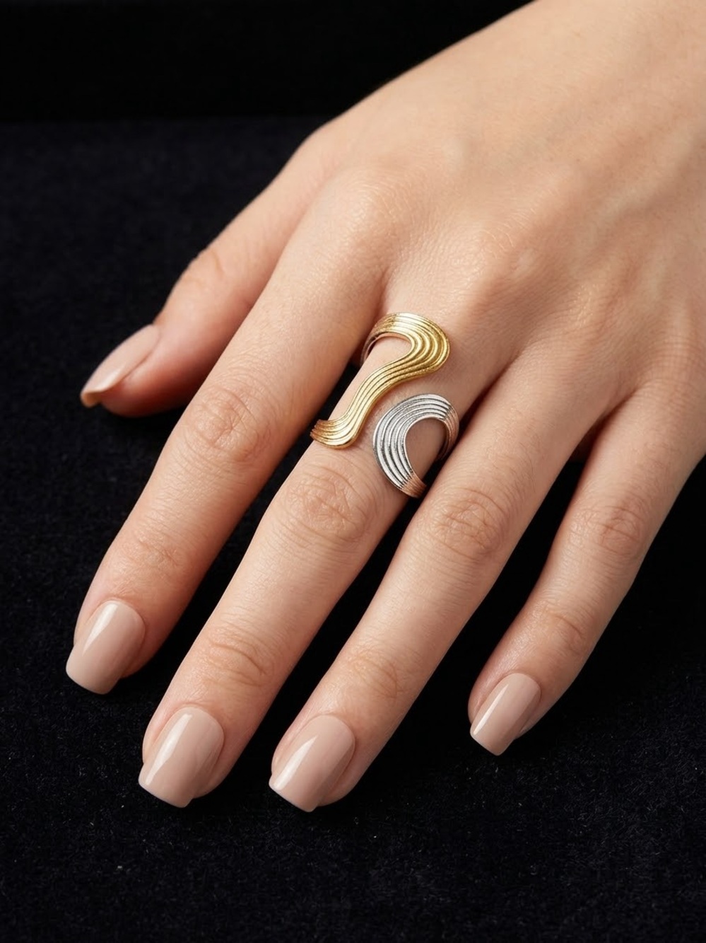 Two-Tone Wave adjustable gold and silver vintage stainless steel ring